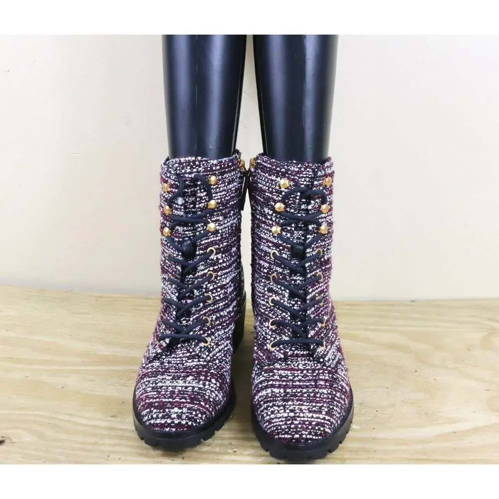 New Tory Burch Boots 5.5M Purple Tweed Leather Miller Combat Ankle Shoes